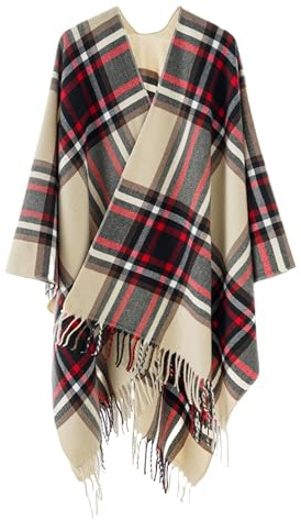 Damen Schal Wrap, Offener Poncho, Cape Strickjacke, Übergroße Pullover für Herbst und Winter,Beige Rot