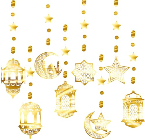 6 Stück Eid Mubarak Girlande, Gold Stern und Mond Deko - Islamische Ramadan Dekoration für Eid al-Fitr Fest, Party & Zuhause