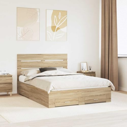 SooIarix Bettrahmen mit Kopfteil Sonoma-Eiche 140x200 cm, Holzwerkstoff Stauraumbett mit Schubladen, Modernes Design für Schlafzimmer und Jugendbett