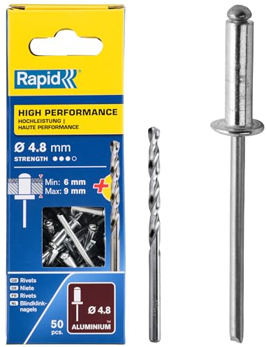Rapid Blindnieten Aluminium Universal Ø 4,8mm, 6-9mm Klemmbereich, 50 Stk. Nieten, Set inkl. Bohrer, für Blindnietzangen