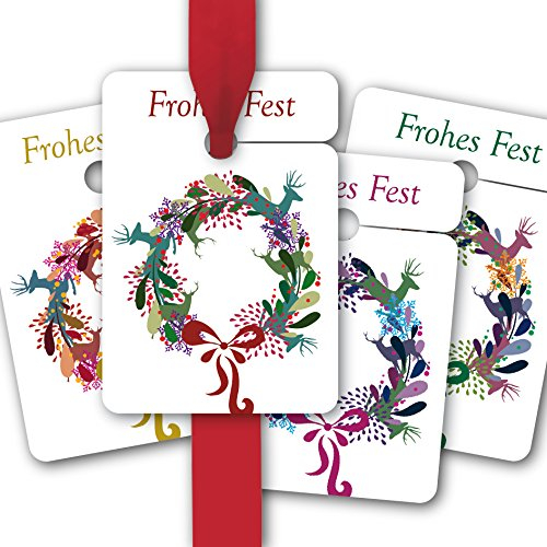 8 Weihnachts Geschenkanhänger farbig, Papieranhänger für Weihnachten mit modernem Weihnachtskranz: Frohes Fest • kleine Geschenk Grusskarten zum verschenken
