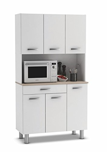 Mueble Auxiliar Cocina, Armario Cocina, Alacena Cocina Buffet 6 Puertas Blanco y Roble Acacia 101x185 cm