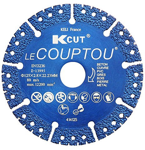 KELI FRANCE - K•CUT - Disque Diamant à tronçonner LE COUPTOU, utilisation universelle (béton, cuivre, briques, fer, pierres, tuiles, parpaing, bois,PVC), EN13236 (125mm)
