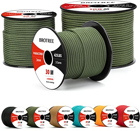 Brotree Paracord 3mm 50M 100% Nylon Seil Schnur Typ II Paracord 425 mit 3 Kern für Survival, Outdoor, Armband, Basteln - Bruchlast 192kg (Armee Grün)