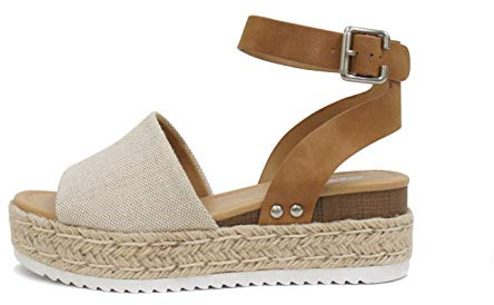 Soda Topic Open Toe Buckle Ankle Strap Espadrilles Flatform Wedge Casual Sandal (Beige Canvas/Tan, 9)