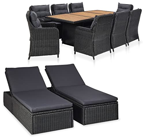 vidaXL Gartenmöbel Set 11-TLG. Gartengarnitur Sitzgruppe Gartenset Sitzgarnitur Esstisch Gartentisch Stühle Sonnenliege Poly Rattan Schwarz