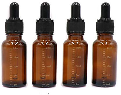 VASANA 4 botellas de 20 ml vacías, rellenables, con cuentagotas de vidrio ámbar graduado, para aceites esenciales, cosméticos y líquidos, con cuentagotas de cristal