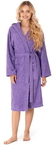 Bademantel Damen - 100% Baumwolle (350g/m²) OEKO-TEX® Zertifiziert - Morgenmantel Damen mit Kapuze, 2 Taschen, Gürtel - Lila - L