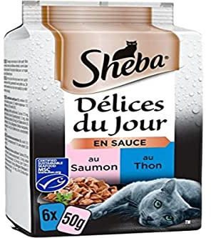 Sheba Délices du Jour Nassfutter für ausgewachsene Katzen – Auswahl mit Lachs und Thunfisch MSC in Sauce – Frischebeutel 72 x 50 g