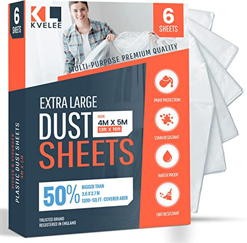 KVELEE - 6 Pack Extra Large Plastic Dust Sheets for Decorating, 4 x 5m (13 x 16ft), Clear Plastic Sheet for Furniture & Floor Protection, Waterproof Plastic Sheeting for Painting & Covering