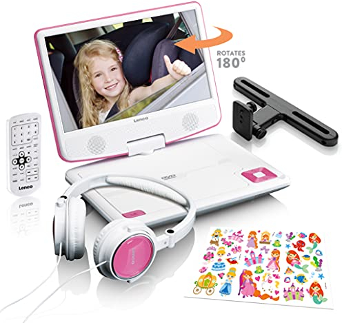 Lenco DVP-920PK Lecteur DVD portable 9 avec casque et fixation pour appuie-tête Batterie intégrée Entrée USB Rose/blanc