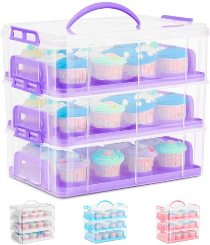 SG Traders Cupcake Carrier with Handle, 3 Tier Cupcake Box Bake Cake Holder, 36 Muffin Cases Stackable Cake Caddy, Baking Cupcake Boxes Cupcake Cases, Reusable Plastic Storage Box with Compartments