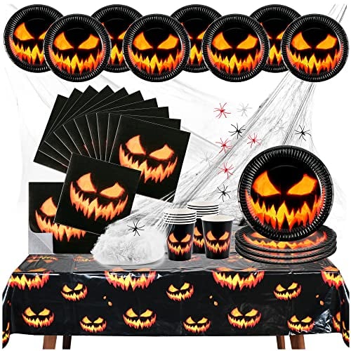 COM-FOUR® 38x Piezas de decoración de Halloween con tela de araña, arañas, vasos, platos, servilletas y mantel (Calabaza 2 - 38 partes)