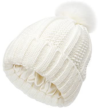 TOEECY Bommelmütze Mütze Damen Winter Warme Beanie Satin Gefüttert Weiche Strickmütze Schützen Frisur Wintermütze Mit Kunstpelz Bommel für Frauen (Weiß)