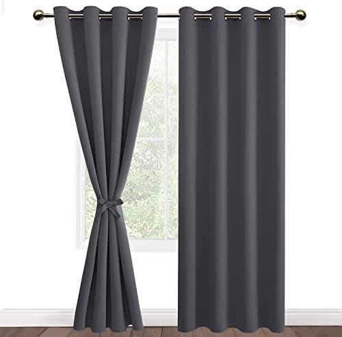 DWCN Dark Grey Blackout Curtains with Tiebacks for Bedroom Thermal Insulated Solid Eyelet Curtains for Living Room,2 Panels,52 Wide x 84 Drop