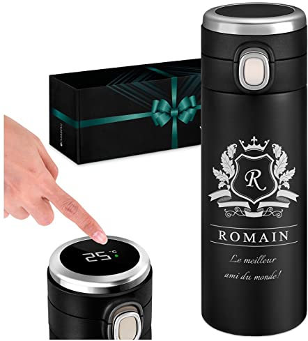 Maverton Gourde Isotherme Personnalisable - Mug hermétique 400ml avec gravure - Cadeau Homme - pour café - thé - Bouteille Isotherme avec afficheur LED - Cadeau Anniversaire Homme - ami