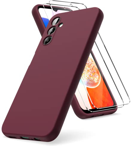 Vansdon Funda Compatible con Samsung Galaxy A14 4G/5G, 2 Unidades Protector Pantalla Cristal Templado, Silicona Líquida Gel Ultra Suave Funda- Burdeos