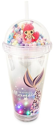 The Onyx Bee Glow Party Cups for Kids Light Up Tumbler Magic Cup with LED Glow In the Dark Water Drinking Bottle 16oz, Reusable Cups With Lids and Straws Cute Design for Girls & Boys (PINK MERMAID)