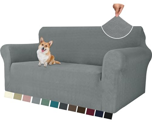 YSTELLAA Stretch Sofa Überzug 2 Sitzer, Sofaschoner rutschfest Mit Armlehne, Dicke Sofabezug Für Hunde Katzen Und Haustiere, Universal Jacquard Sofabezug, Waschbare Sofa Cover, Hellgrau