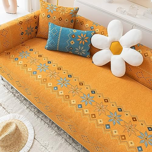 Mesnt Sofabezug Recamiere, Orange Couchschutz für Haustiere mit Geometrisches Blumenmuster im böhmischen Stil aus Chenille, 90x240cm