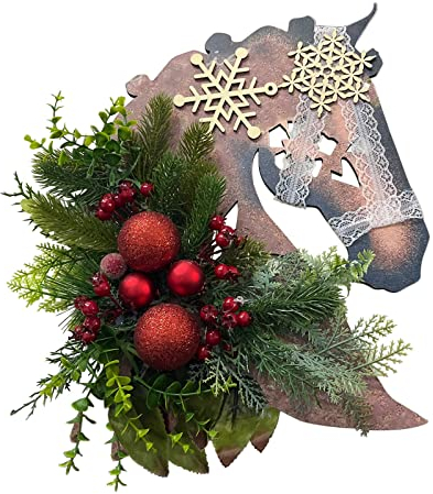 Weihnachtsdeko Wand Pferdekopf Skulptur Kranz Wandskulptur, Weihnacht Winterkranz Bauernhaus Pferdekopf Pferde Wandbild Weihnachtskranz Weihnachtsdekoration Garten Deko Türschild Deko (B-a, One Size)