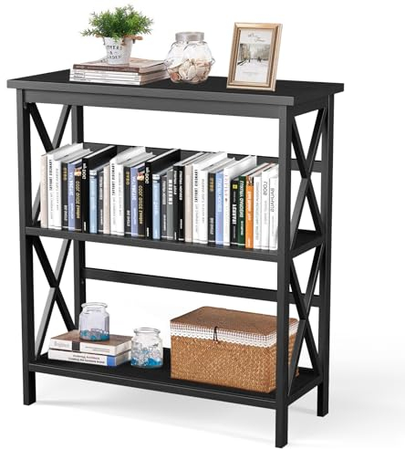 HOMASIS Bücherregal mit 3 Ebenen, Standregal stehendes Regal aus Kiefernholz, Aufbewahrungsregal Lagerregal für Bücher Pflanze & Deko, Büroregal für Kleiner Raum, Wohnzimmer, Schlafzimmer (Schwarz)