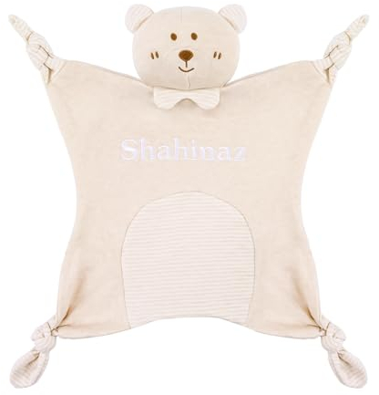 TYRY.HU Babydecke mit Namen Personalisierte Schmusetuch Kuscheldecke Schnuffeltuch Strick Geschenk zur Geburt(Rassel Bär)