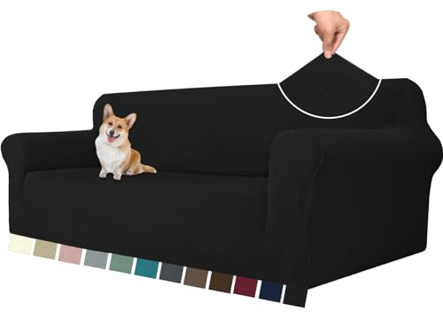 YSTELLAA Stretch Sofa Überzug 4 Sitzer, Sofaschoner rutschfest Mit Armlehne, Universal Jacquard Sofabezug, Waschbare Sofa Cover, Dicke Sofabezug Für Hunde Katzen Und Haustiere, Schwarz