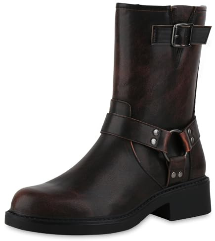 VAN HILL Damen Biker Boots Blockabsatz Nieten Trendy Schuhe 214138 Dunkelbraun 37