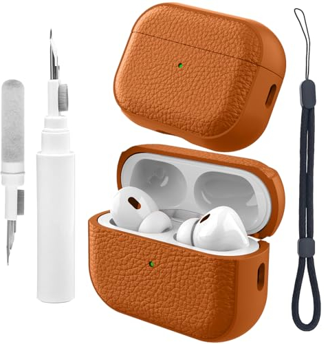 Teyomi für Airpods Pro 2 Hülle mit Handschlaufe, TPU Schutzhülle für Apple Airpods Pro 2. Generation mit Reinigungsset, Leder-Touch-Design Airpods Pro 2 Case, Fallfest, Stoßfest(Orange)