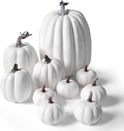 Cymax 10 Stück Künstliche Kürbisdekoration,Sortierte Größe Herbsternte Kürbisse,Halloween Herbstdeko Fälschung Kürbis für Halloween Erntedankfest Dekoration, Weiß