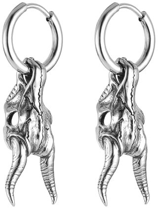 HZMAN Skull Goat Head Earring for Men Women Stainless Steel Gothic Punk Devil Satanic Dangle Drop Earrings Baphomet Goat Earring Jewelry Gift