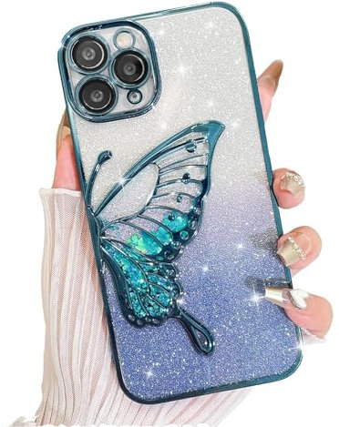 AIGOMARA Glitzer Hülle für iPhone 11 Pro Max Hülle, 3D Schmetterling Dreidimensional Handyhülle mit funkelnder Treibsand, Bling Farbverlauf Karte, Kameraschutz Transparent Schutzhülle für Frauen, Blau