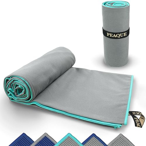 PEAQUE Mikrofaser-Handtuch mit Struktur - leicht, kompakt, schnelltrocknend, XL - Badehandtuch, Reisehandtuch, Sporthandtuch, Grau/Türkis, 200 x 100 cm