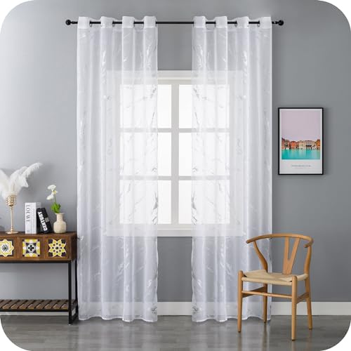 GIRASOLE HOME Coppia Tende Filtranti Fantasia Argentata Effetto Marmo 2 Pannelli da 140x285cm con Occhielli, Bianco