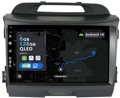 YUNTX 9 Zoll Android 14 Autoradio mit Navi Für Kia Sportage 2010-2016 | Octa Core | 6GB 128GB | Eingebaut 4G LTE | CarPlay & Android Auto | DSP | DAB | HDMI | Dual Band WiFi | Bluetooth 5.0