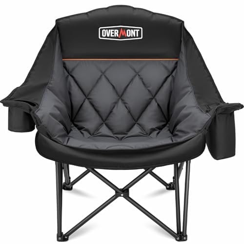 Overmont Übergroßer Klappbar Campingstuhl Campingsofa - bis 204KG Belastbar - Faltbar Campingsessel Gepolstert mit Getränkehalter Kühltasche hoher Rückenlehne für Outdoor Indoor Camping Garten Schwarz