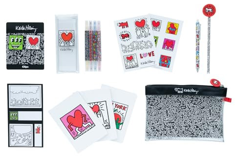 Grupo Erik Schreibwaren Keith Harting Kugelschreiber Bleistift mit Radiergummi - Federmäppchen Groß - Büroklammern - 4 Textmarker - Notizzettel Klebend Keith Haring Fanartikel