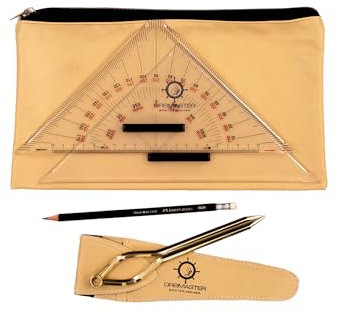 Dreimaster Navigationsbesteck, Navigationsset, in Mappe mit Messing-Zirkel, Kurs- und Anlegedreieck, 27 cm, für Nautische Ausbildung, Bootsführerscheine, SBF-See und SKS.