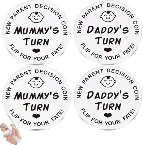 couduan 4PCS Funny Decision Coin for New Parents,New Parents Gifts,Gifts for Mum Dad,Newborn Baby Gifts,Stainless Steel Flip Coin for Mother's Day Birthday Shower Gift Novelty Gift(Silver)
