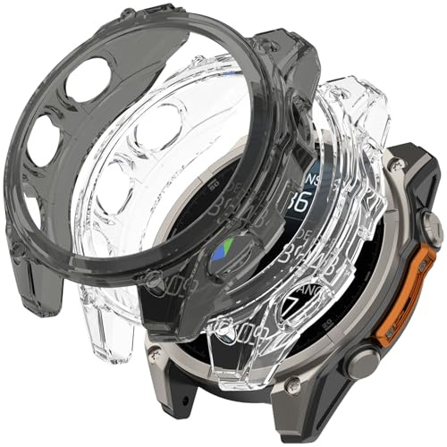 Miimall [2 Stück Hülle für 43MM Garmin Fenix 8 Amoled Cover,Leichte Ultradünne TPU Semi-Pack-Gehäuse Rundum Stoßfeste Case für Garmin Fenix 8 Gehäuse,Klar+Schwarz(Nicht für Solar)