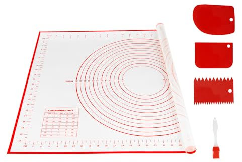 Behiruch Silikon Backmatte mit 3 Teigschabern, 70x50 cm Backzubehör Antihafte Backunterlage mit Messung Rutschfeste Silikonmatte Wiederverwendbar Backblech für Fondant, Teig, Pizza (Rot)