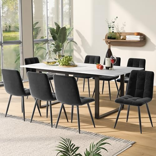 Merax Essgruppe mit 8 Stühlen, Küchentisch Set, ausziehbar Esszimmertisch mit Samt Esszimmerstühle, 140/180×80×75cm Esstisch mit 8 Stühlen, für 4-6 Personen(Weiß+Grau)
