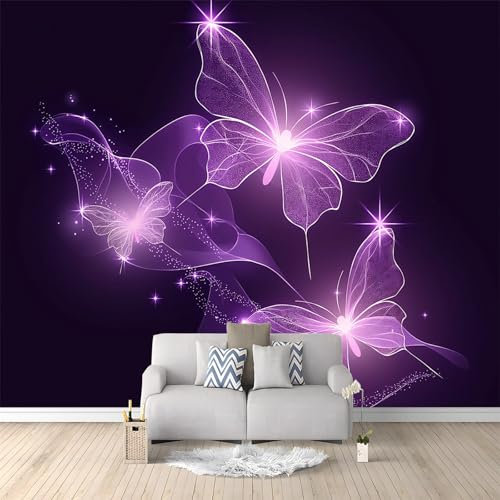 Fototapete Schmetterling Lila Glitzer 200x140 cm Vlies Tapete 3D Effekt Moderne Wandtapete Dekoration, für Wohnzimmer Schlafzimmer TV-Hintergrund Wanddeko Wallpaper