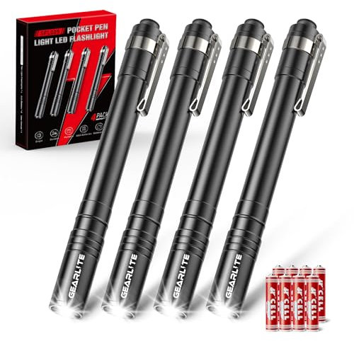 GEARLITE Stift-Taschenlampe, IPX4, wasserdicht, batteriebetrieben mit Clip, leichte kleine Stift-Taschenlampen, superhell, kleine LED-Taschenlampe, perfekt für Notfall, Inspektion, Arbeit, 4 Stück