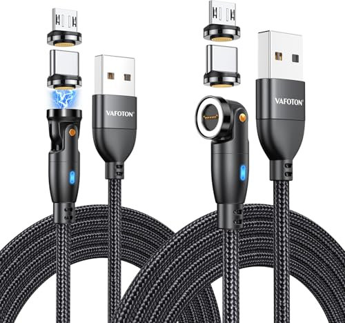 VAFOTON 9Pin Magnetic Charging Cable, 18W Magnetic Phone Charger Cable 2PCS (2M+1M), 540° Charging & Data USB Cable for Type C, Micro USB