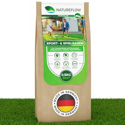 Rasensamen Sport und Spielrasen 500g extra robust - Premium Grassamen schnellkeimend Schnell wachsender Nachsaat Rasen - Rasensaat Spiel- und Sportrasen Made in Germany