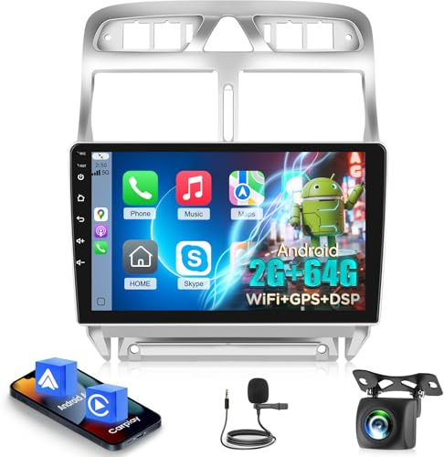 Autoradio Android 2+64GB pour Peugeot 307 2002-2013, Écran Tactile IPS 9 Pouces avec CarPlay & Android Auto sans Fil, GPS WiFi Bluetooth DSP + Caméra de Recul & Micro