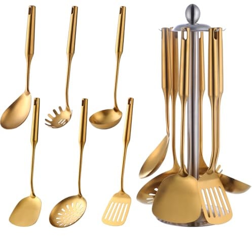 TEAHAHA Edelstahl Kochset 6 teilig mit 1 Ständer, Kochbesteck Set, 1 Wok-Spatel, 1 Geschlitztem Tuner, 1 Schaumlöffel, 1 Reislöffel, 1 Suppenlöffel, 1 Pasta Server (Gold)