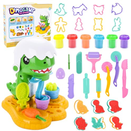USHOP 34 Stück Knete Dough Set für Kinder,Dinosaurier Nudelmaschine Spielset,Knetwerkzeug für Kinder,Knete Set,Knetes Zubehör,mit 6 Dosen Knetes,Spielzeug Geschenk Mädchen & Junge 2-12 Jahre